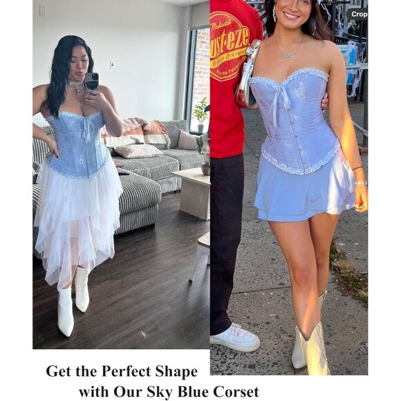 Women's Sky Blue Corset Tops Bustier Lingerie Lace Waist Push Up Bodysuit - Picture 5 of 8